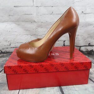 GUESS MEDIUM BROWN LEATHER OPEN TOE PLATFORM 5" PUMP SIZE 10  NEW WITH BOX